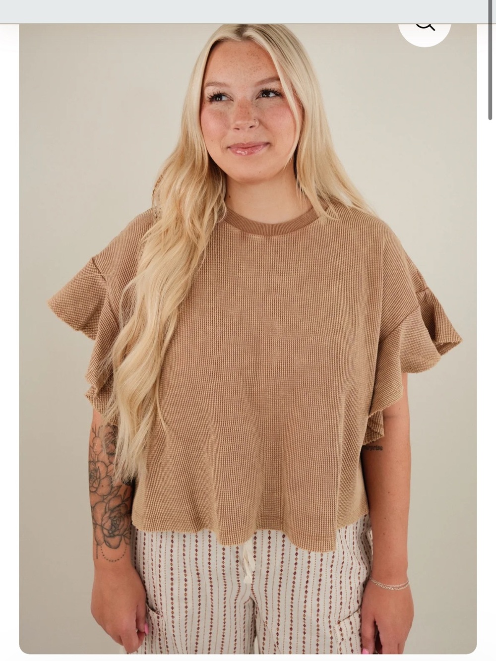 Women’s Ruffle Sleeve Waffle Knit Top - Camel Dusty Trails Waffle Knit Crop